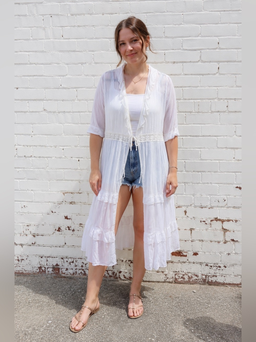 White Boho Cottagecore Sheer Duster Cardigan Cover Up Womens Size Large bohemian